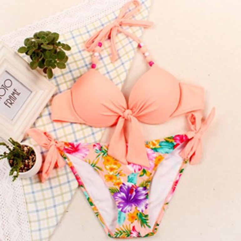 Pink Floral 2-in-1 Crop Condole Belt Tie Back Swimwear