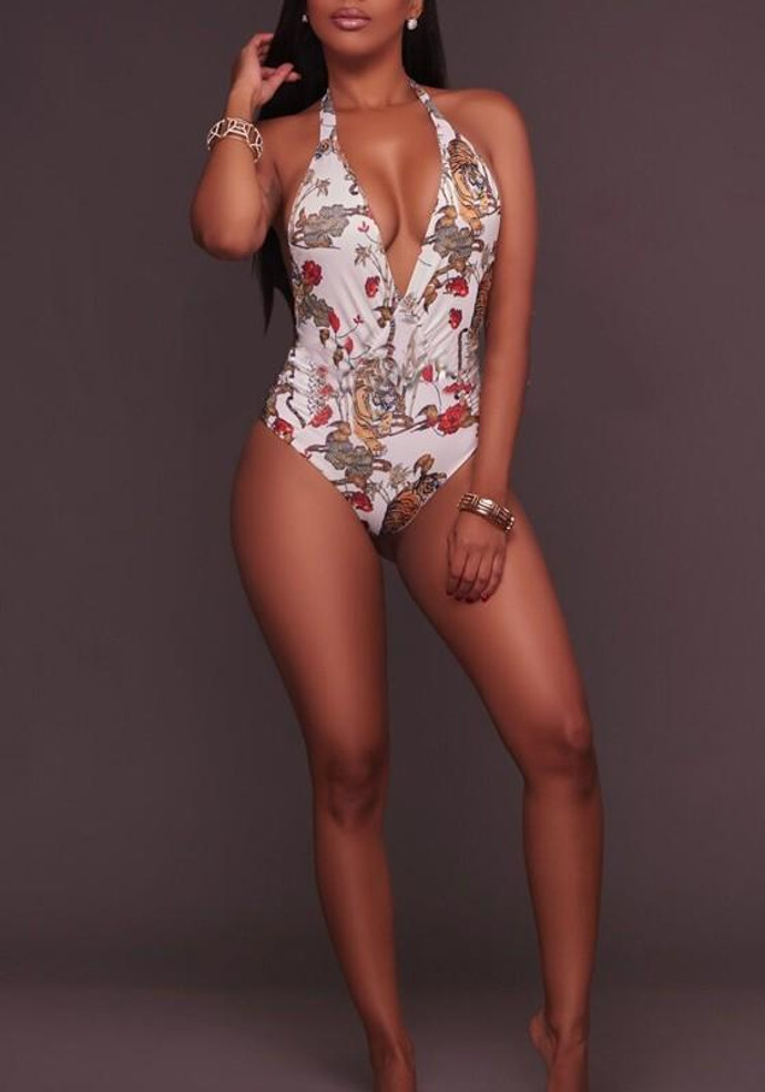 White Floral Print Backless Halter Neck One Piece Bikini Swimwear