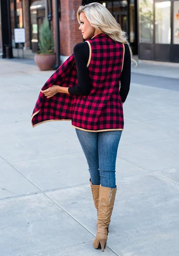 Red Plaid Irregular Print Tartan Turndown Collar Fashion Coat