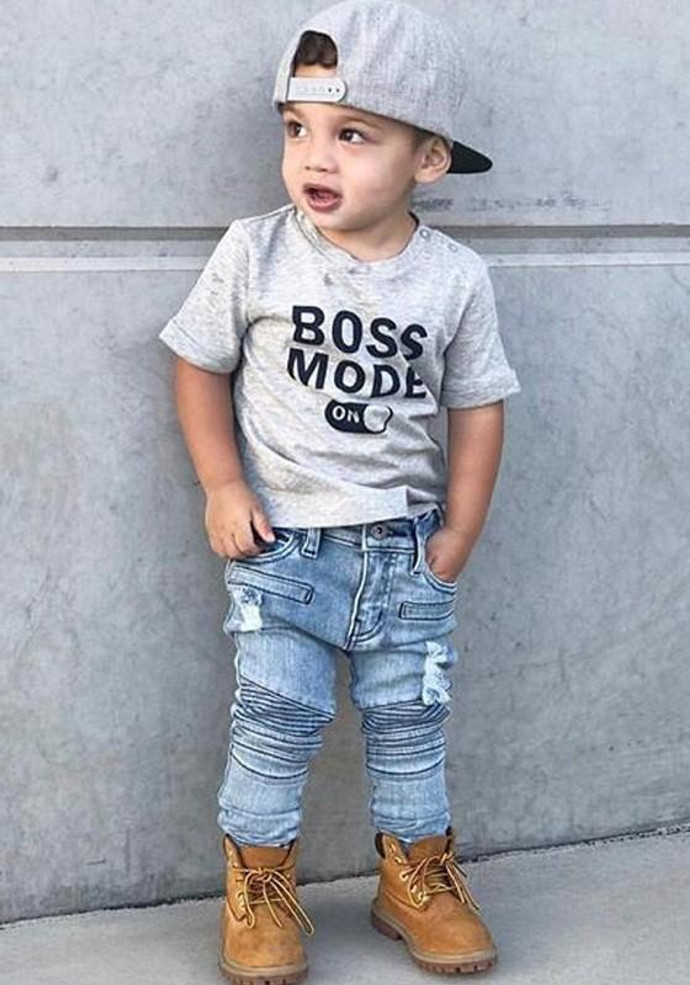 Grey Monogram Print Round Neck Short Sleeve Cute Children T-Shirt