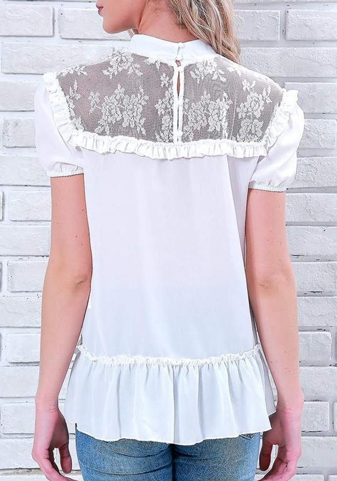 White Patchwork Ruffle Lace Band Collar Round Neck Short Sleeve Blouse