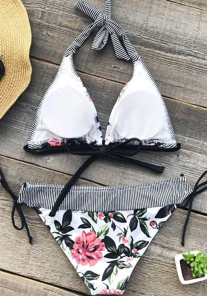 White Floral Print Bow Two Piece Halter Neck V-neck Sports Swimwear