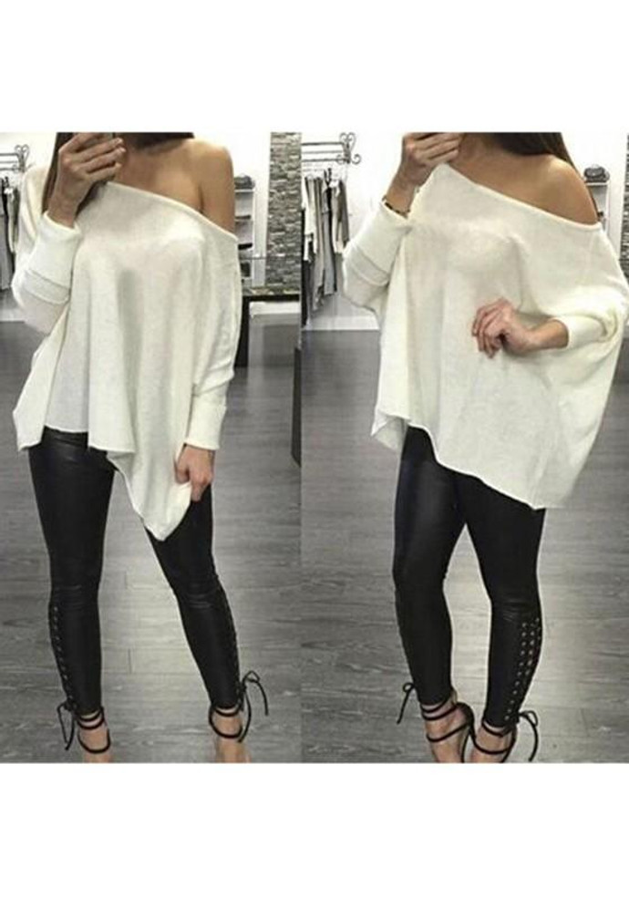 White Irregular Asymmetric Shoulder Long Sleeve Casual T-Shirt