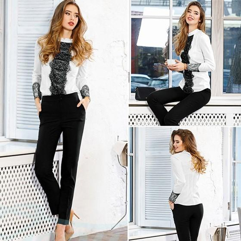 White Patchwork Lace Band Collar Fashion Blouse