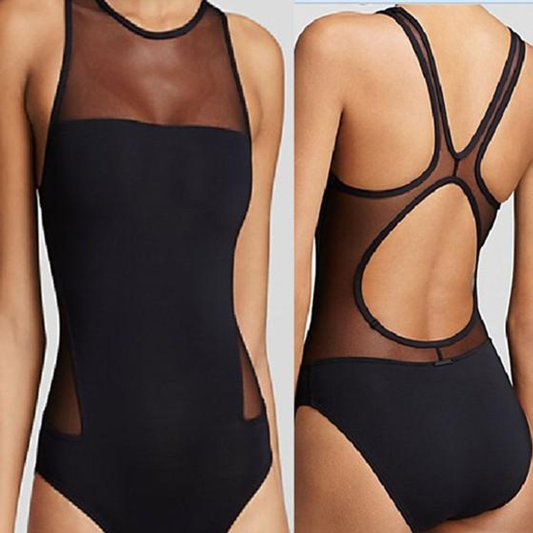 Black Patchwork Grenadine Cut Out One Piece Sleeveless Swimwear