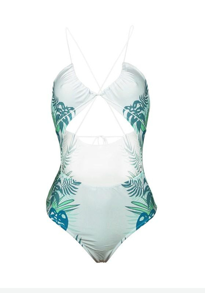 White Floral Cut Out Condole Belt Tie Back Swimwear