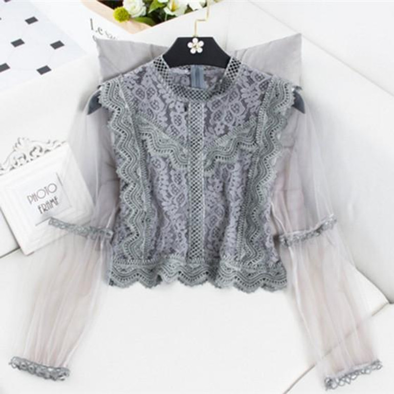 Grey Patchwork Lace Grenadine Round Neck Long Sleeve Fashion Blouse