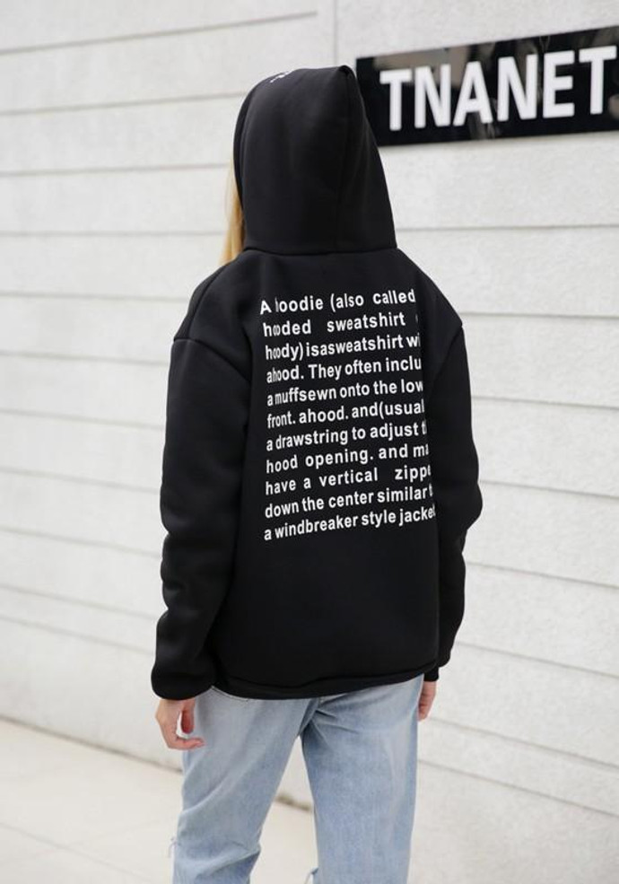 Black Letter Pockets Drawstring Long Sleeve Casual Hooded Sweatshirt