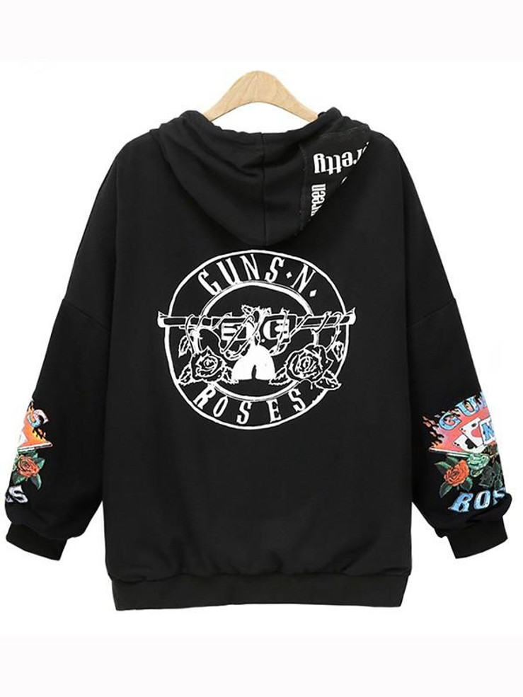 New Black Flowers Drawstring Pockets Hooded Long Sleeve Fashion Outerwear