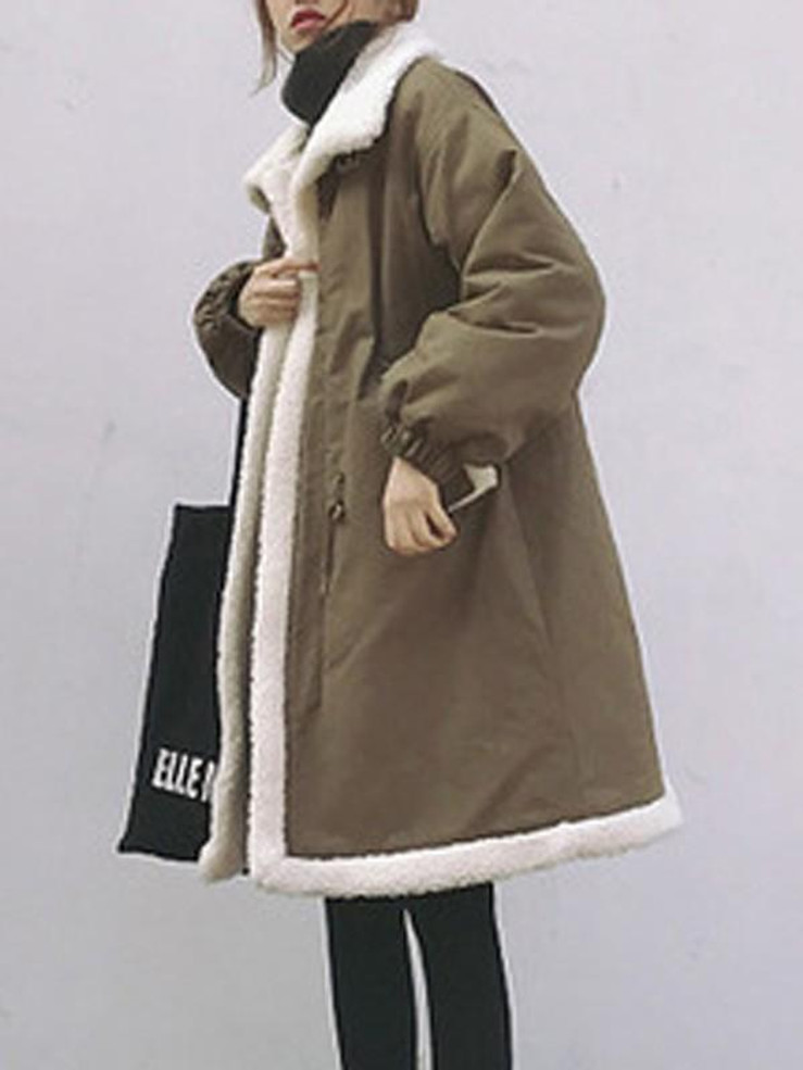 New Khaki Patchwork Pockets Fur Drawstring Turndown Collar Long Sleeve Casual Coat