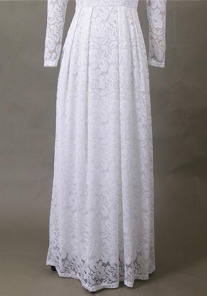 White Patchwork Lace Pleated Long Sleeve Elegant Maxi Dress