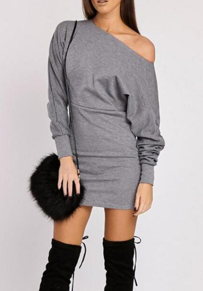 Grey Plain Asymmetric Shoulder Irregular Long Sleeve Mini Dress