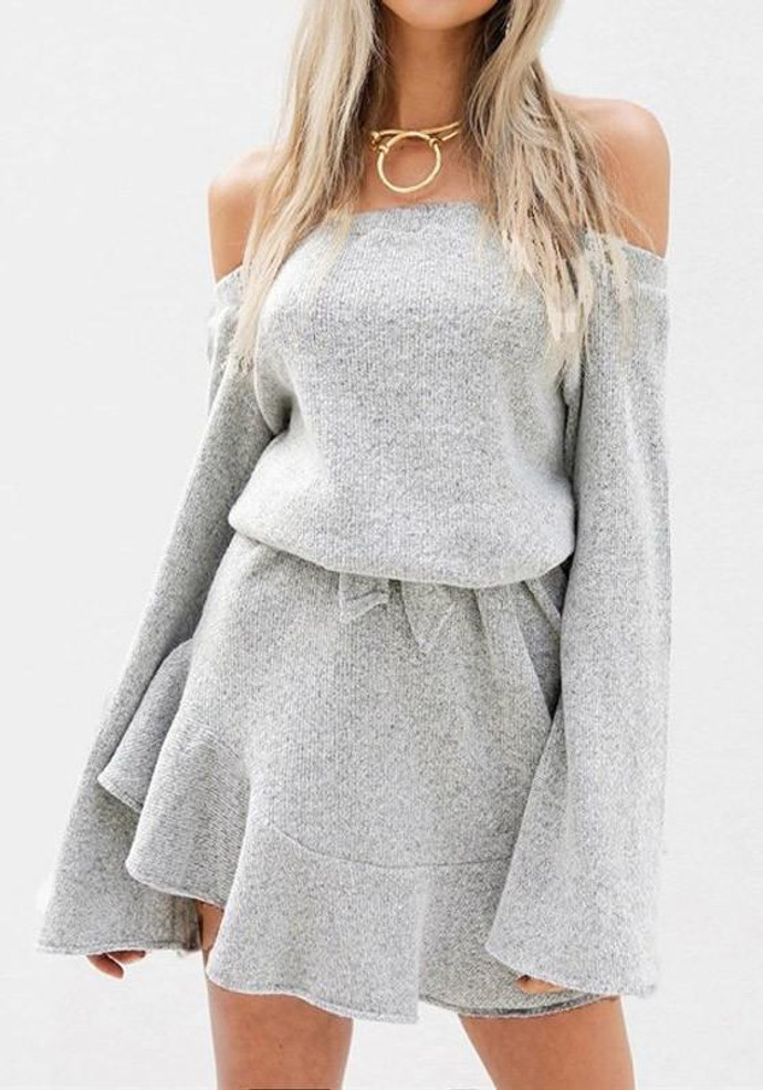 Grey Bow Ruffle Boat Neck Long Sleeve Mini Dress