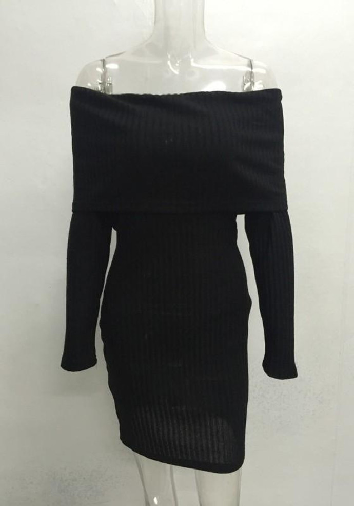 Casual Black Plain Cut Out Boat Neck Long Sleeve Mini Dress