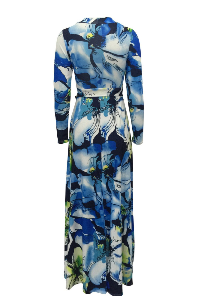 Light Blue Floral Print Sashes Plunging Neckline Long Sleeve Fashion Maxi Dress