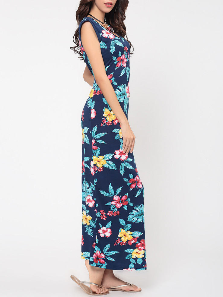 Casual Floral Printed Pockets Charming Round Neck Maxi-dress