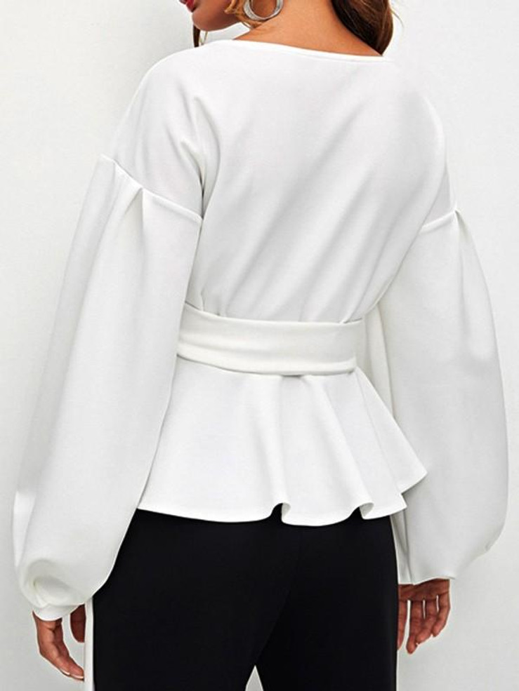 New White Ruffle Sashes Boat Neck Long Sleeve Fashion Blouse