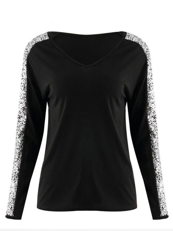 New Black Patchwork Sequin V-neck Long Sleeve Fashion T-Shirt
