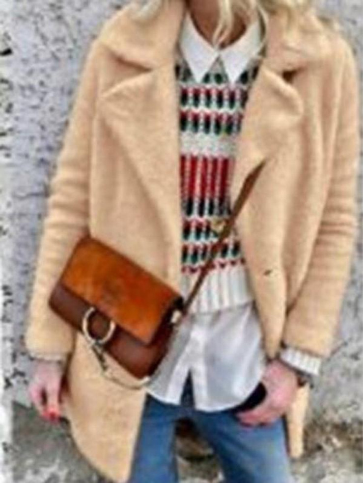 New Khaki Turndown Collar Long Sleeve Fashion Polar Fleece Coat