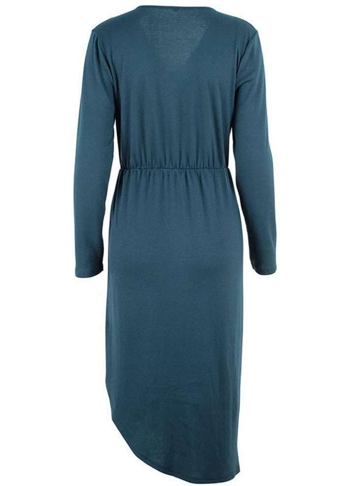 New Dark Green Irregular V-neck Long Sleeve Fashion Midi Dress