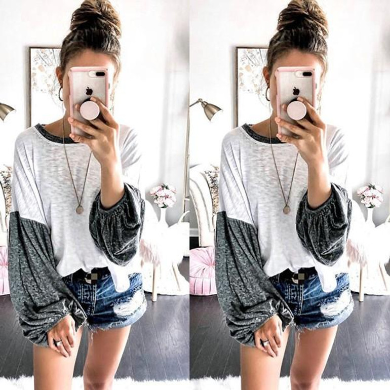 New Grey Patchwork Round Neck Long Sleeve Fashion T-Shirt