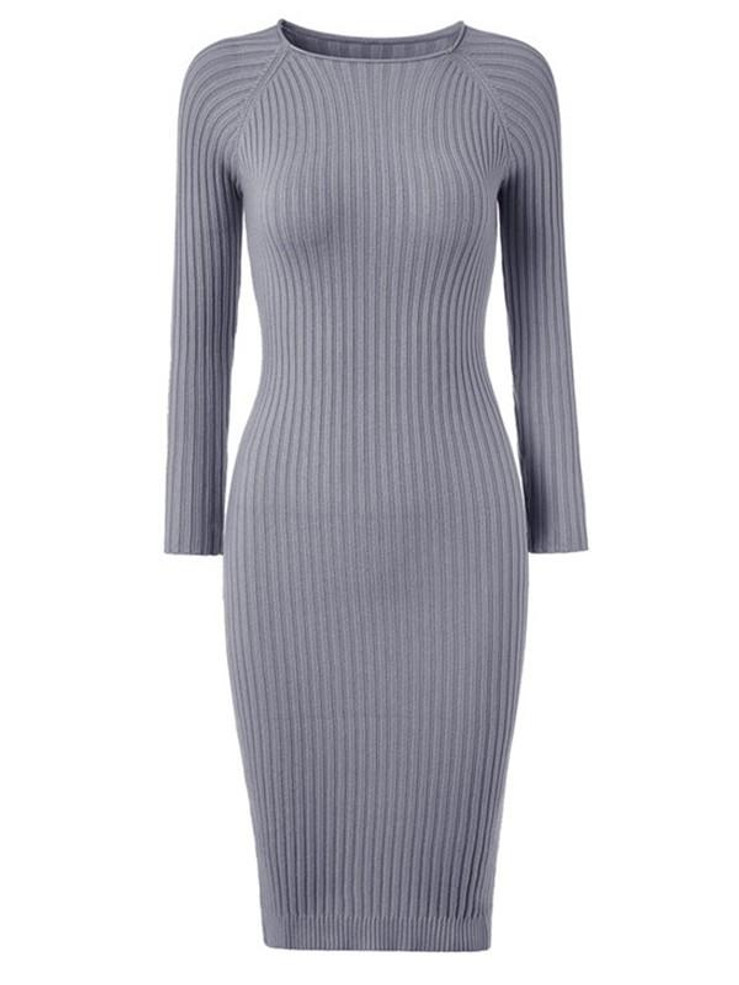 New Grey Round Neck Long Sleeve Fashion Midi Dress