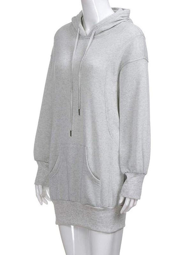 New Grey Drawstring Pockets Hooded Long Sleeve Casual Sweatshirt