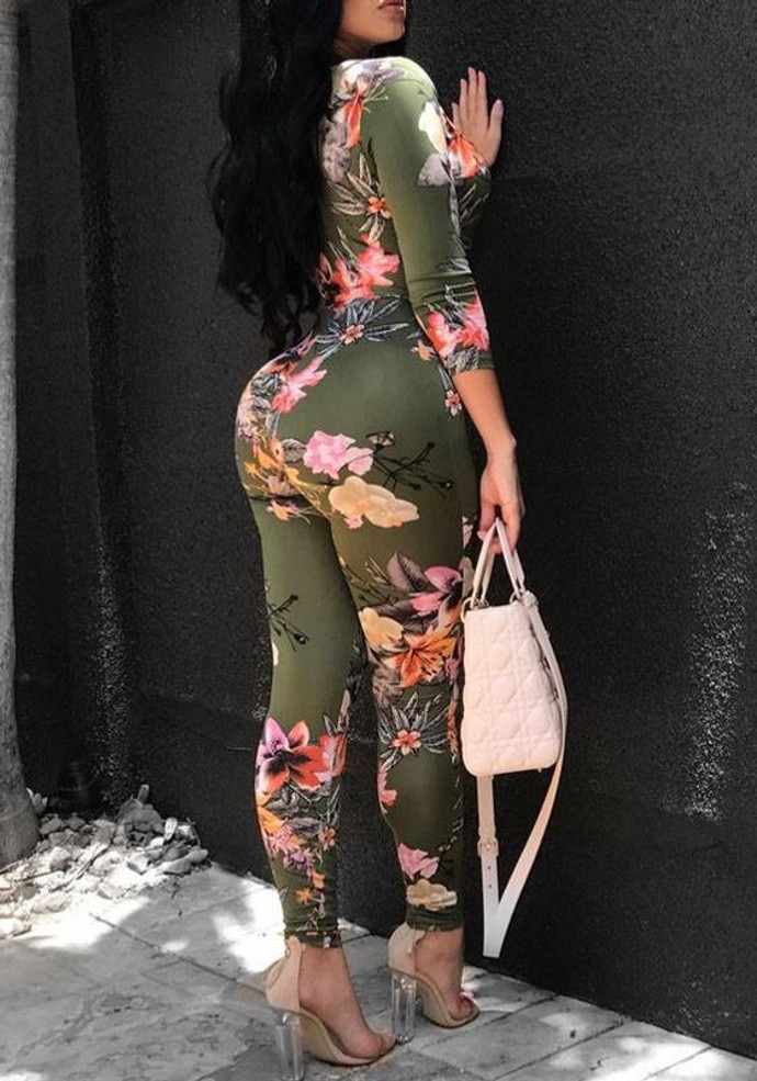 Green Floral Print Sashes Deep V-neck Long Sleeve High Waisted Long Jumpsuit