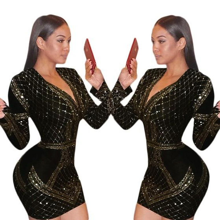 Black-Golden Geometric Sequin Long Sleeve Deep V-neck Bodycon Club Wear Party Mini Dress