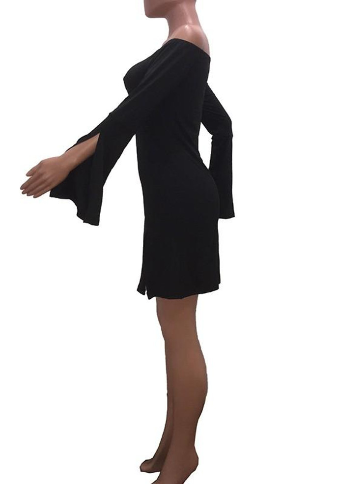 Black Plain Boat Neck Long Sleeve Casual Mini Dress