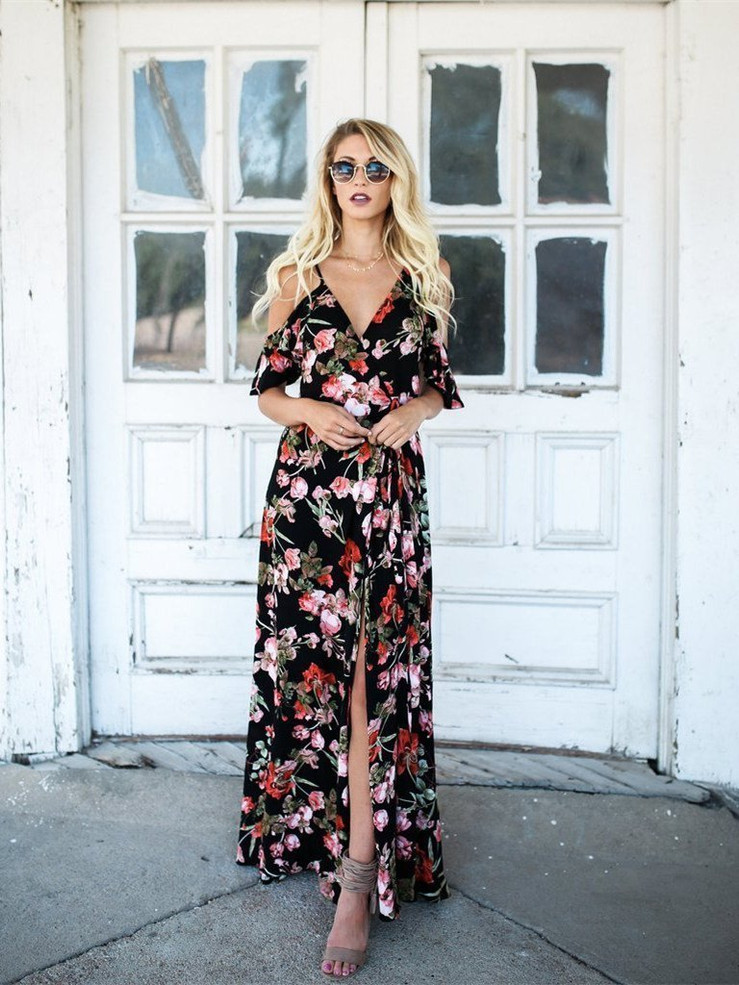 Floral Printed Spaghetti-neck V-neck Maxi Dress