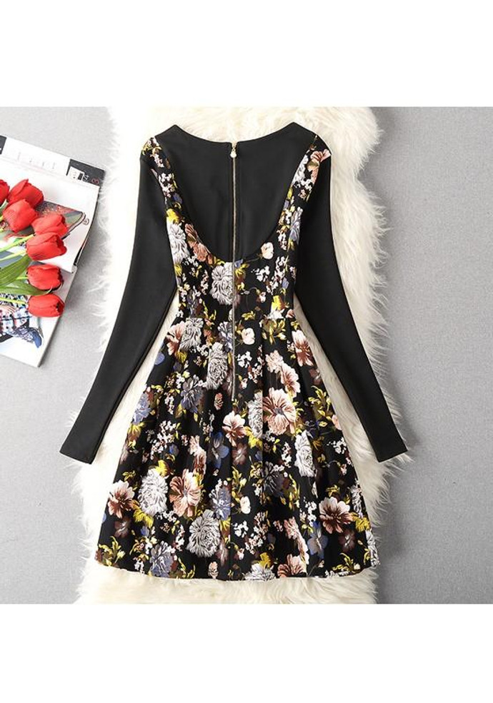 Black Floral Print Zipper Round Neck Sweet Midi Dress