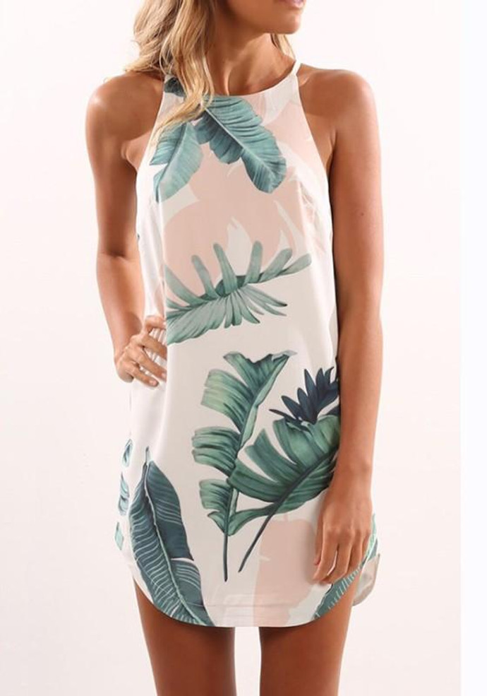 Casual Pink Floral Condole Belt Irregular Round Neck Mini Dress