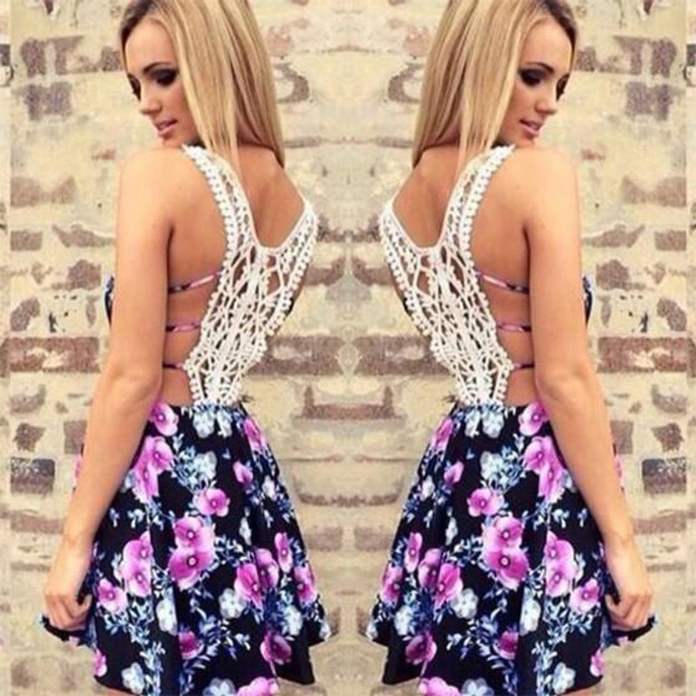 Casual Dark Blue Floral Lace Condole Belt Sleeveless Mini Dress