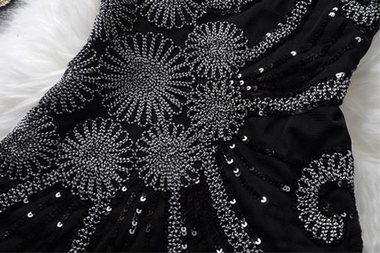 Casual Black Floral Sequin Round Neck Vintage Mini Dress