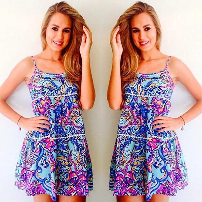 Casual Blue Floral Condole Belt Draped Casual Mini Dress