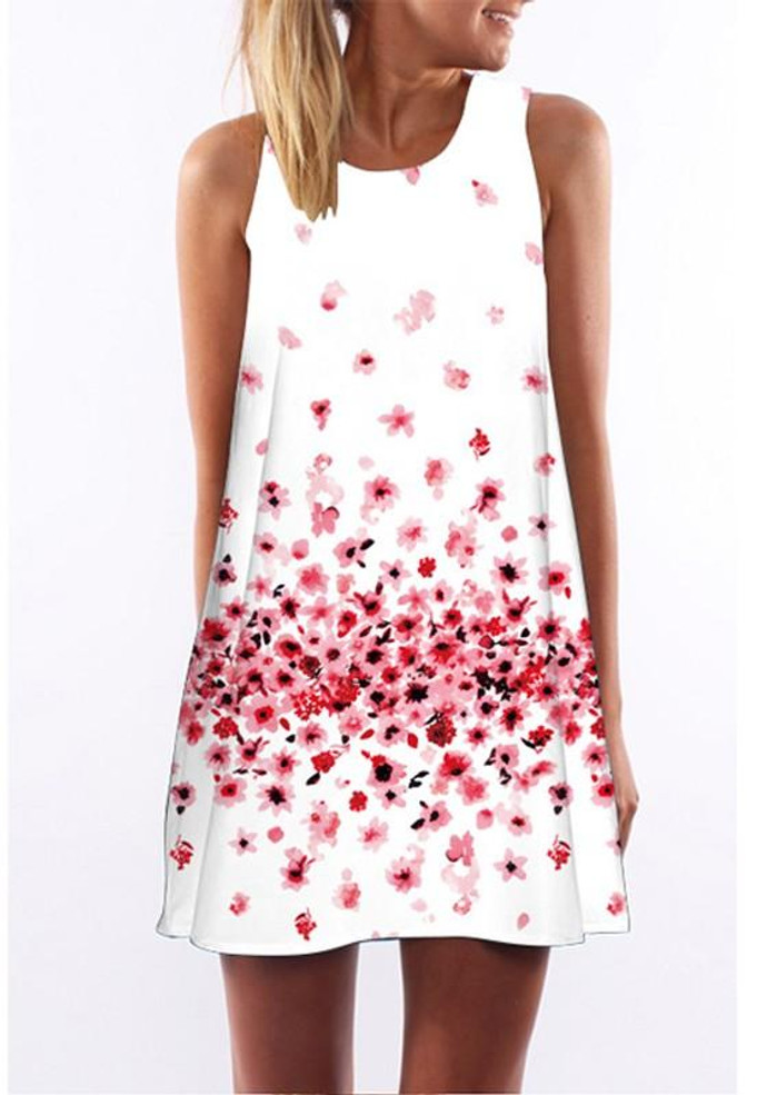 Casual White-Red Floral Print Irregular Round Neck Sleeveless Casual Loose Mini Dress