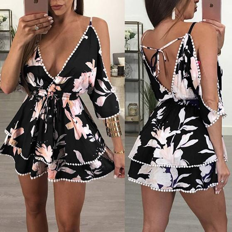 Casual Black Floral Tie Back Sashes Plunging Neckline Fashion Mini Dress