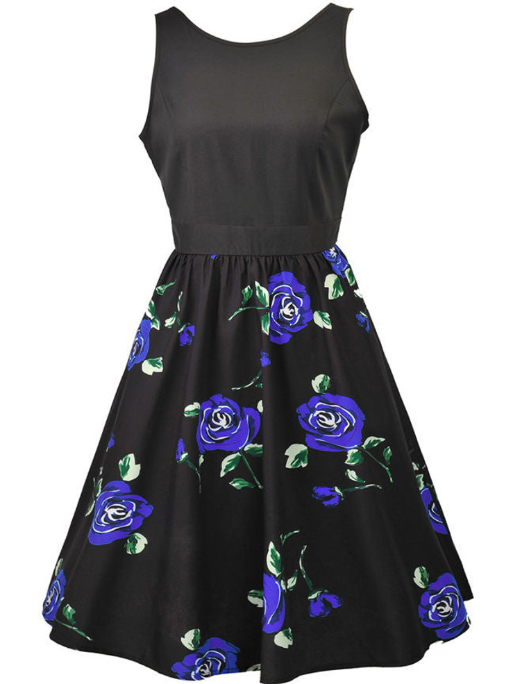 Casual Round Neck Bowknot Skater Dress In Floral Printed