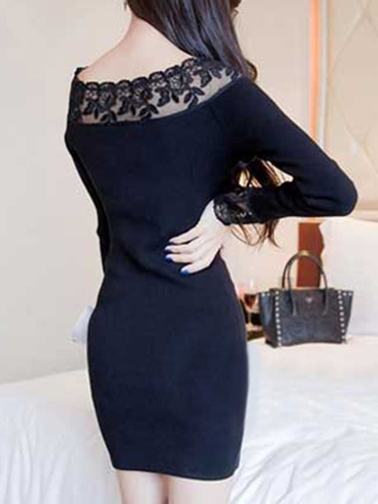 Casual Boat Neck Hollow Out Plain Bodycon Dress