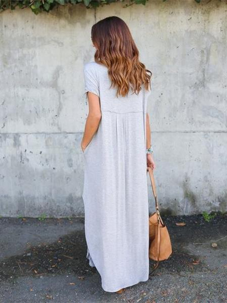 Solid Color V-neck Loose With Pockets Maxi Dress