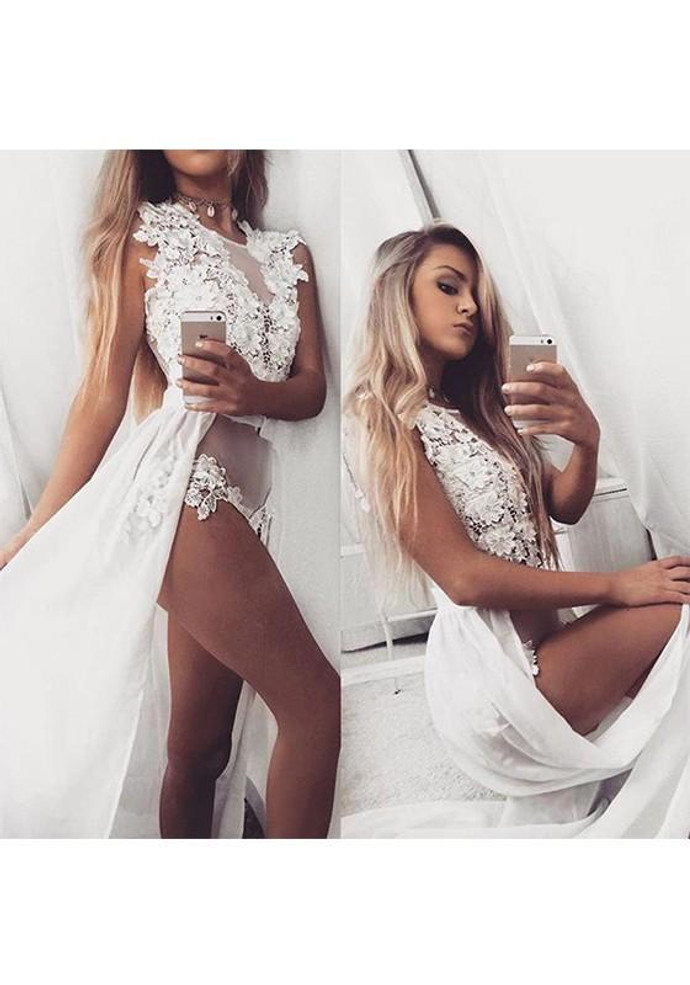 White Patchwork Lace Grenadine Irregular Round Neck Fashion Maxi Dress