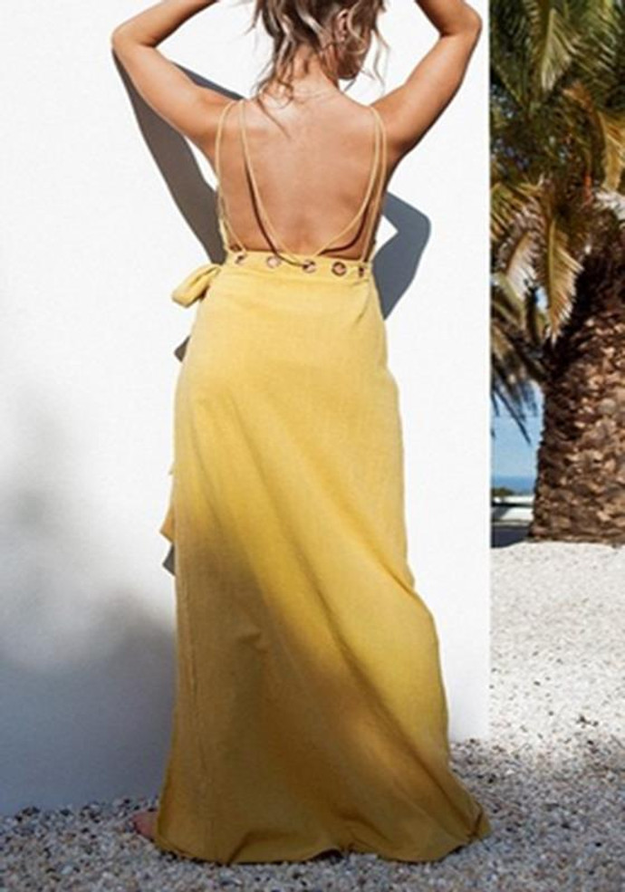 Yellow Cut Out Backless Slit Spaghetti Strap Lace-up Deep V-neck Party Maxi Dress