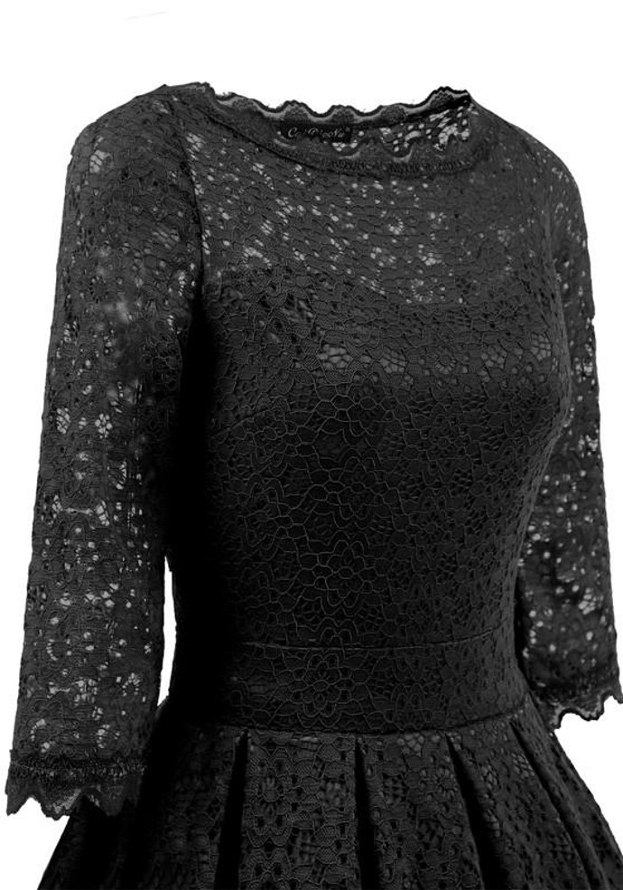 Black Patchwork Lace Irregular Round Neck Elbow Sleeve Midi Dress