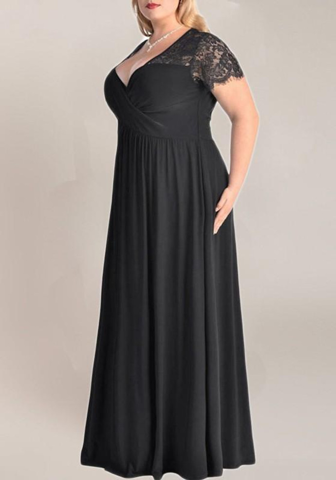 Black Patchwork Draped Lace V-neck Short Sleeve Elegant Maxi Dress