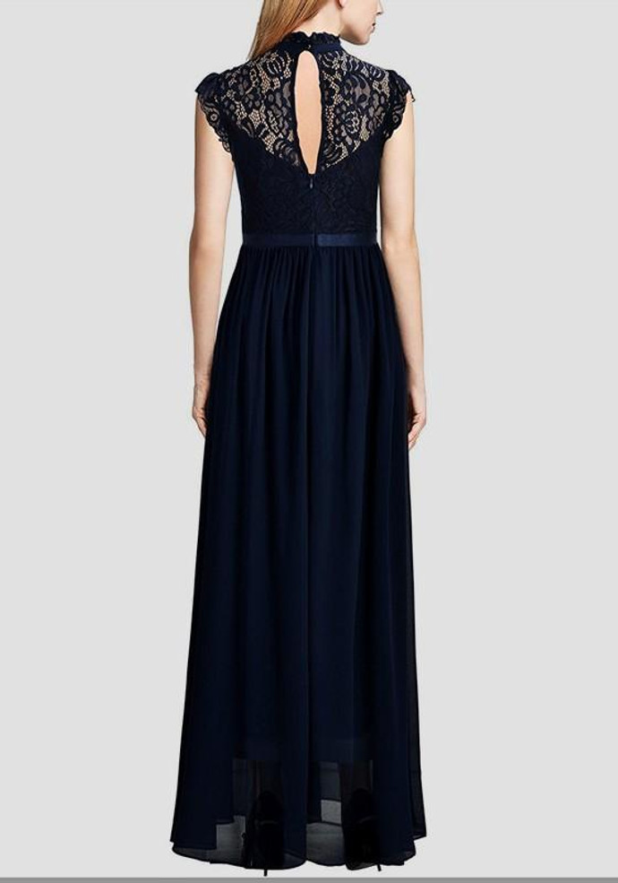 Navy Blue Patchwork Lace Zipper Draped Elegant Cocktail Party Chiffon Maxi Dress