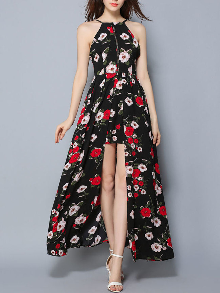 Casual Flowy High Slit Floral Printed Spaghetti Strap Maxi Dress