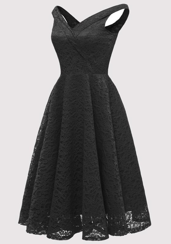 Black Lace Draped Backless Deep V-neck Elegant Party Midi Dress
