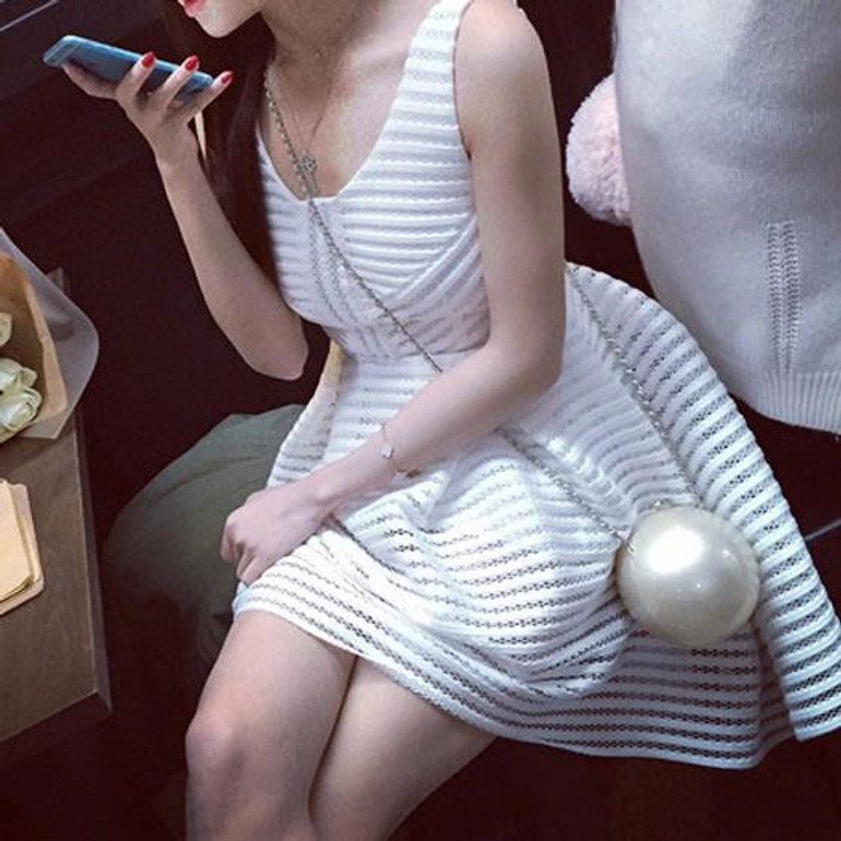 White Patchwork Hollow-out Lace Zipper Round Neck Mini Dress