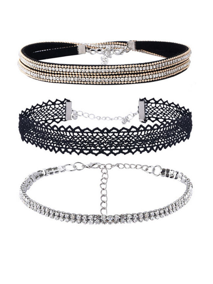 Casual Layered Lace Rhinestone Choker Suit Necklace